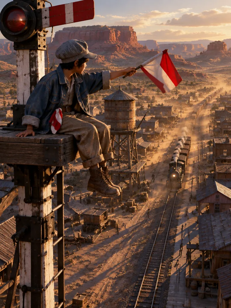 Cinch duduk di puncak tiang sinyal Ironvale Junction, melambaikan bendera ke kereta barang yang datang